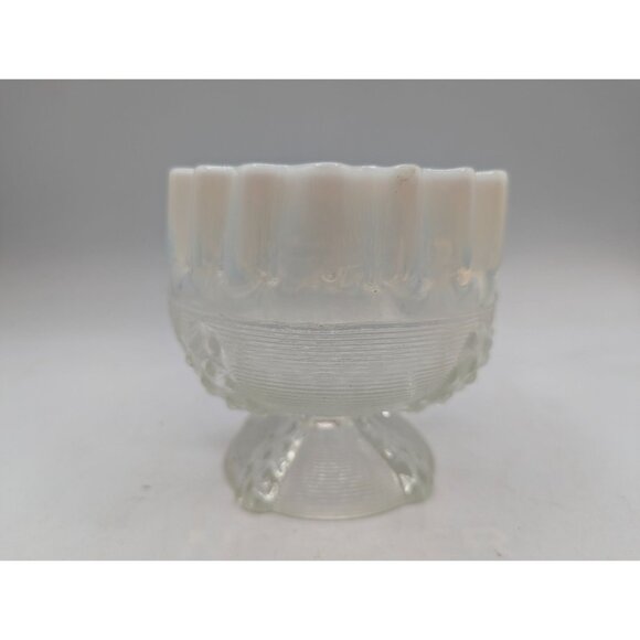 Antique Northwood Glass Opalescent Crimped Top Compote Spool Threaded Pattern - Picture 1 of 14